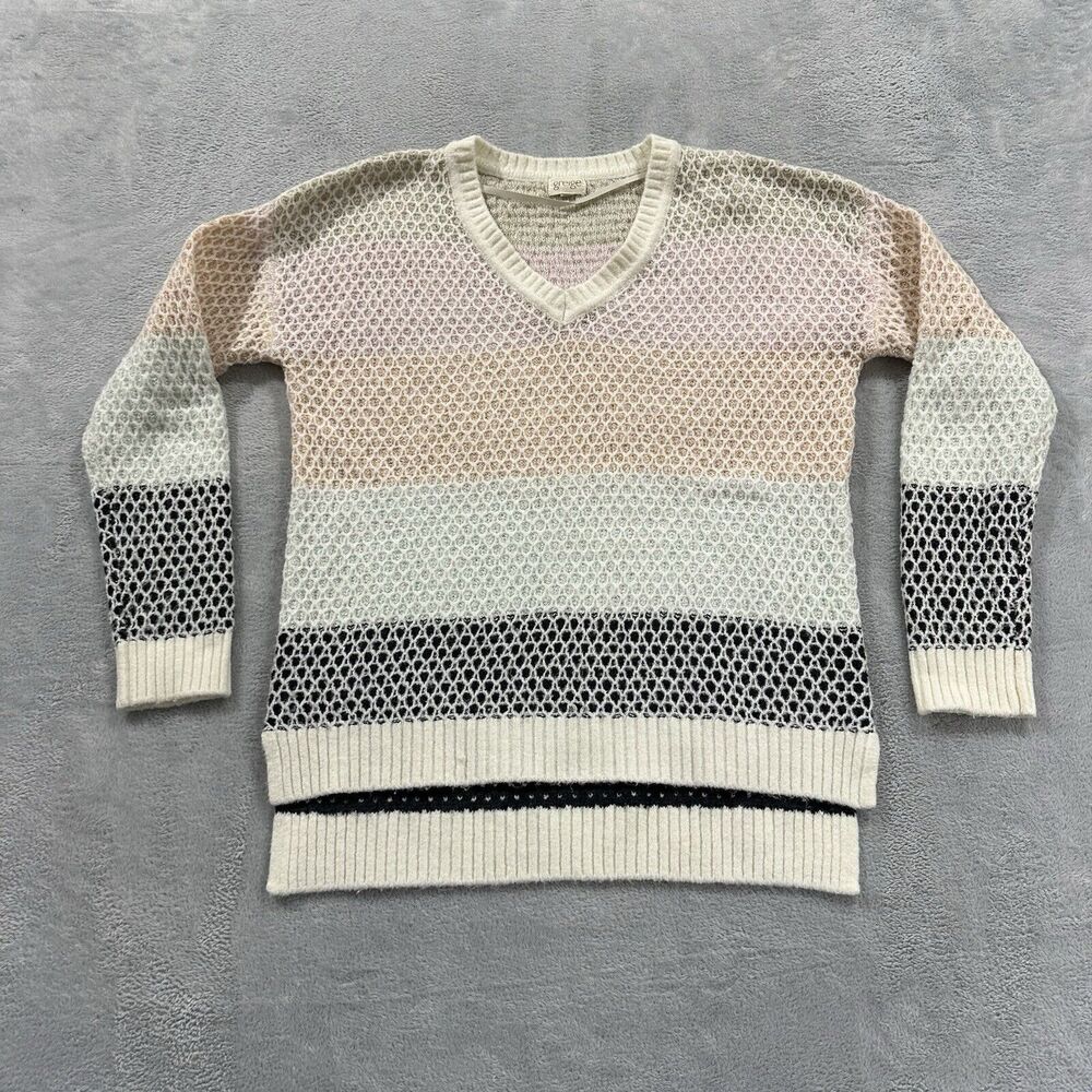 Greige V-Neck Sweater Women Small Multicolor Stripes Waffle Detail